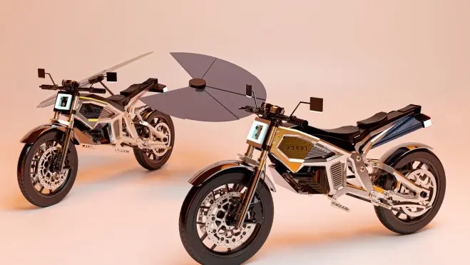 Moto elétrica recarregável com energia solar SOLARIS® montada com os painéis fotovoltaicos de frente