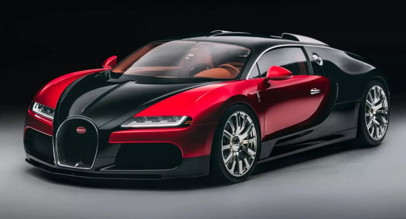 Bugatti Veyron FKP Hommage vermelho e preto parado de frente