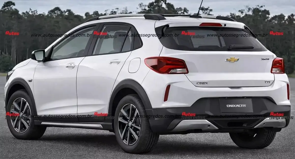 Novo Chevrolet Onix Activ 2027 branco parado de traseira
