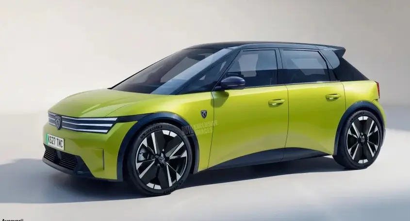 Imagem de projeção do novo Peugeot 208 de frente e lateral