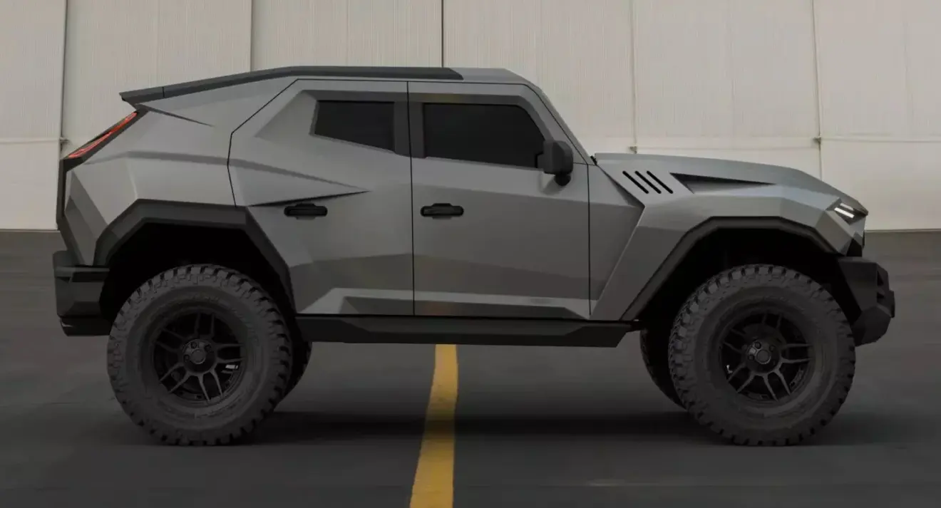 Rezvani Tank 2026 cinza parado de lateral com cidade ao fundo