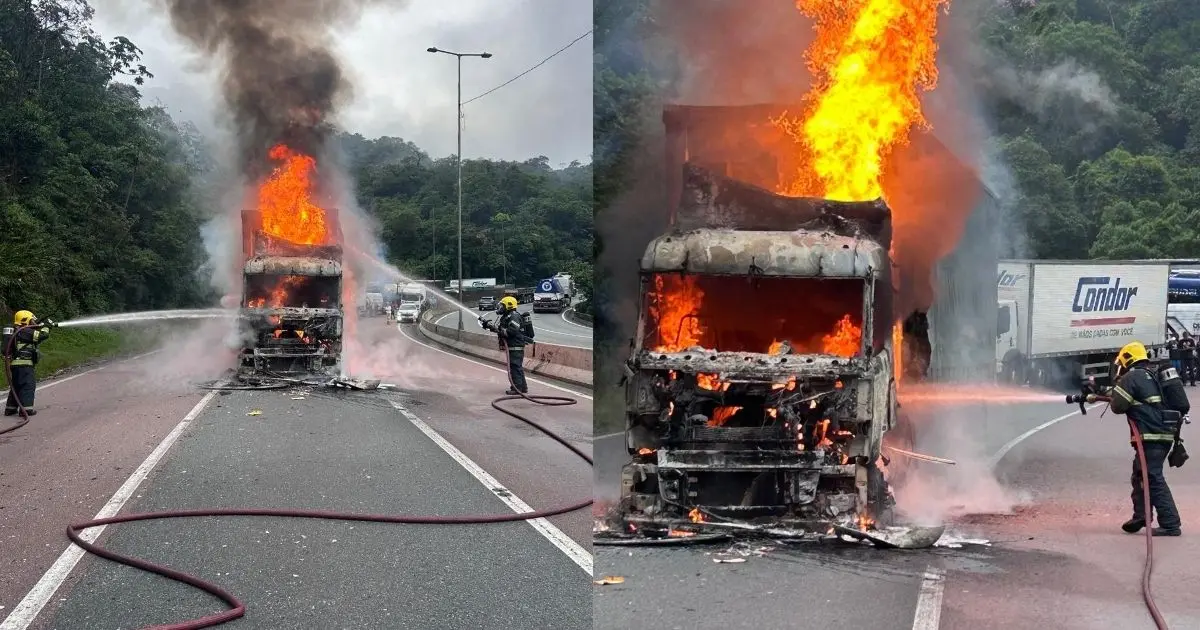 caminhão destruído após pegar fogo