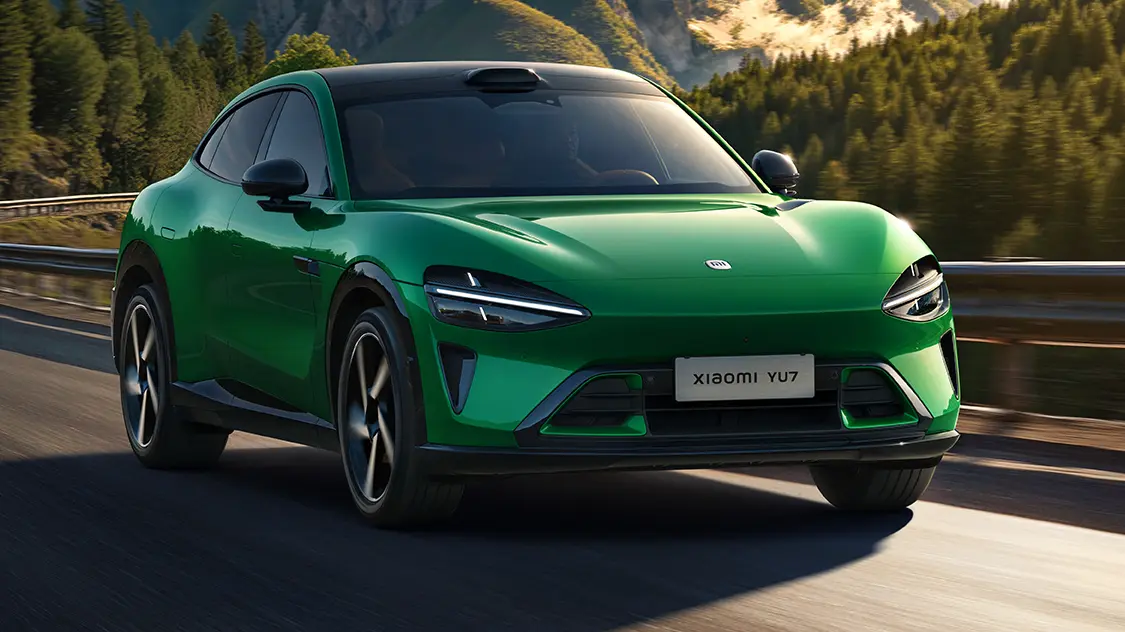 Xiaomi YU7 verde de frente na estrada