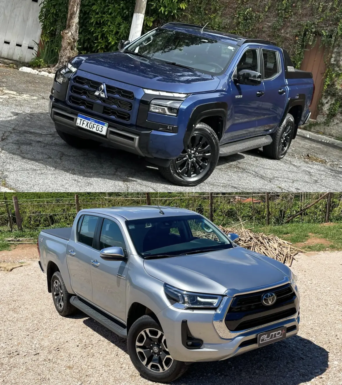 Montagem com Mitsubishi Triton Katana azul e Toyota Hilux SRX prata