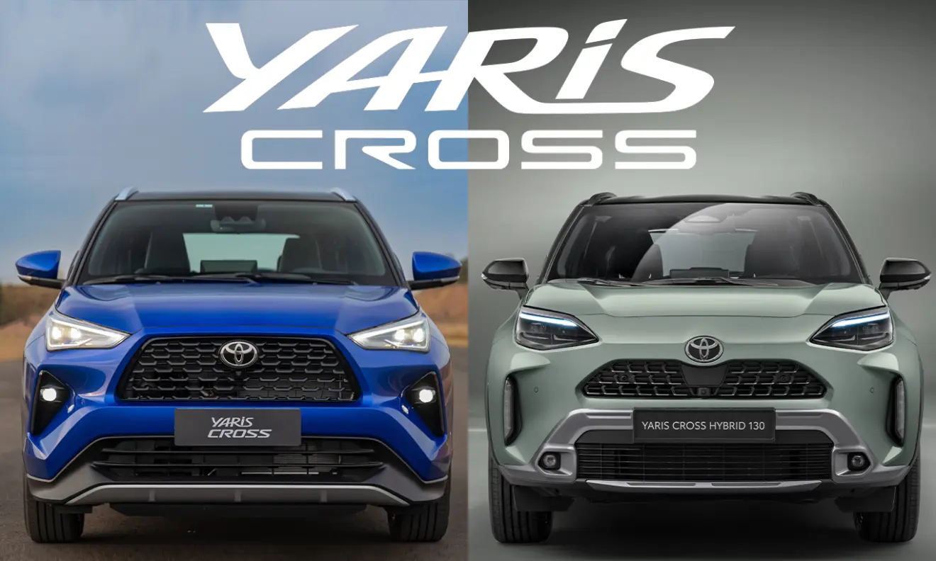 Toyota Yaris Cross brasileiro azul de frente ao lado do yaris cross europeu verde com o nome yaris cross escrito em cima em branco