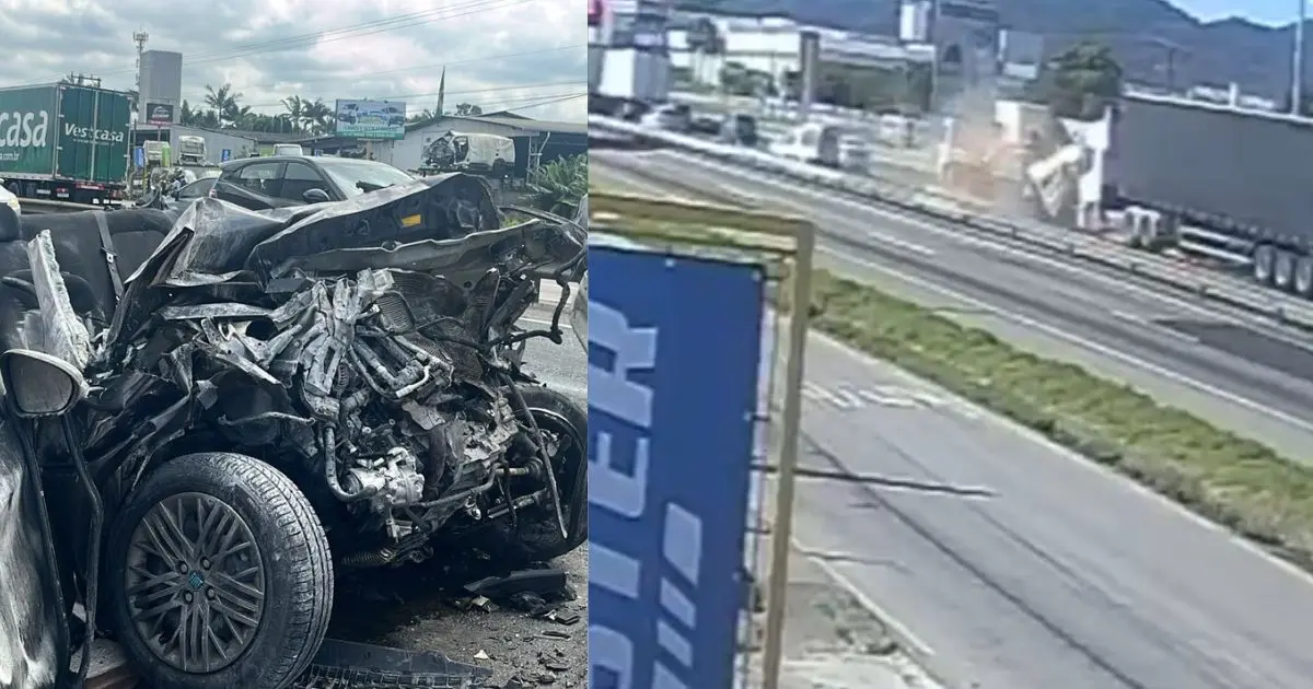 montagem com momento e carro destruído após acidente na BR-101