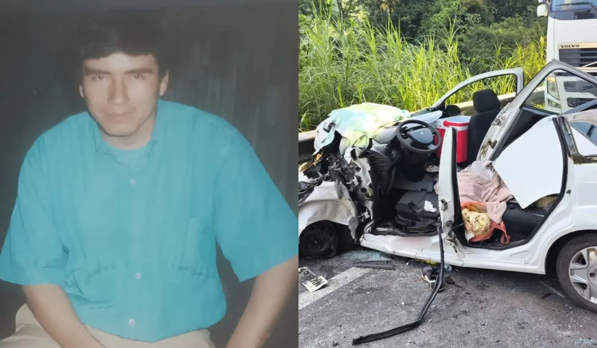 montagem com vítima fatal e carro destruído após acidente