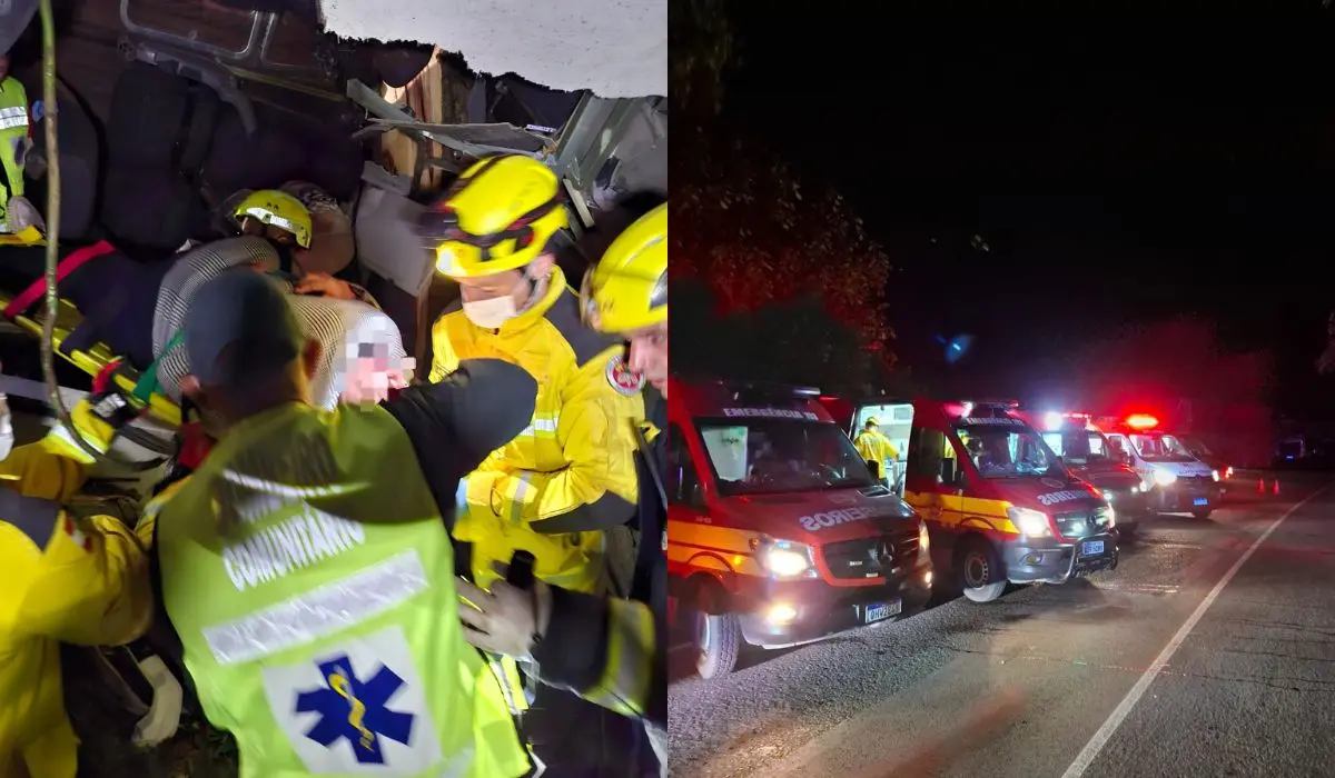 equipe de bombeiros atuando no resgate após acidente na BR-470
