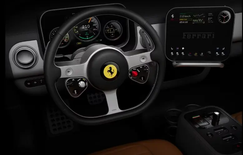 Volante e painel de carro elétrico da Ferrari