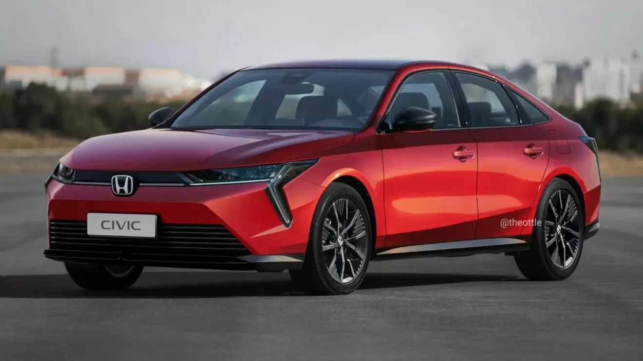 projeção da nova geração do Honda Civic pintada de vermelho e vista de frente