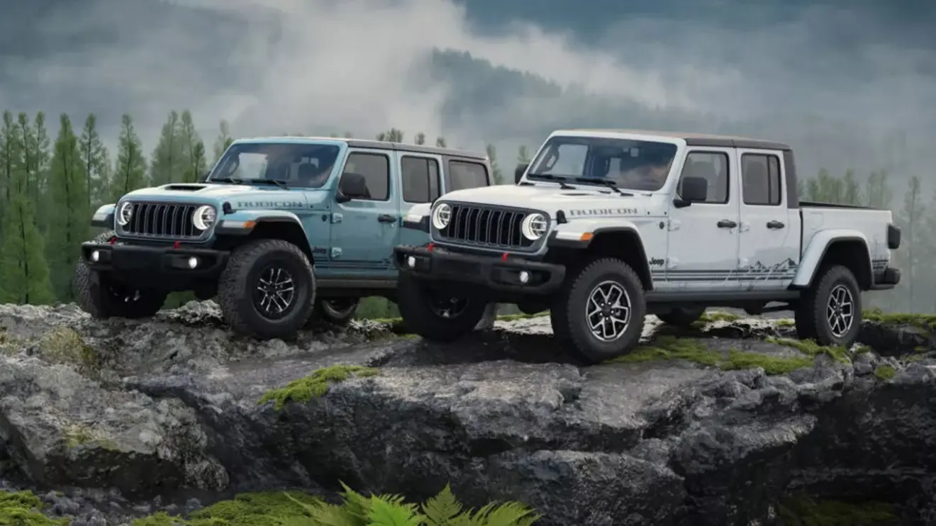 Jeep Gladiator e Wrangler Rockslide vistos de frente