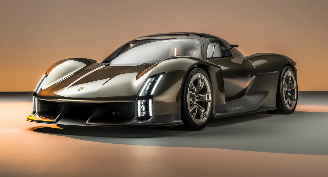 Porsche Mission X  parado de frente com fundo laranja 