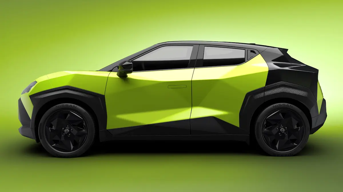 Nissan Juke EV 2027 verde limão com teto e roda preta de lado [divulgação]