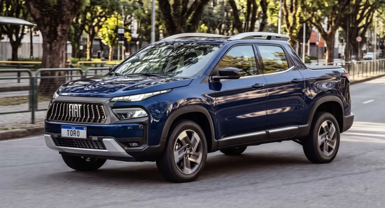 Fiat Toro Volcano MHEV 2027 de frente andando na cidade