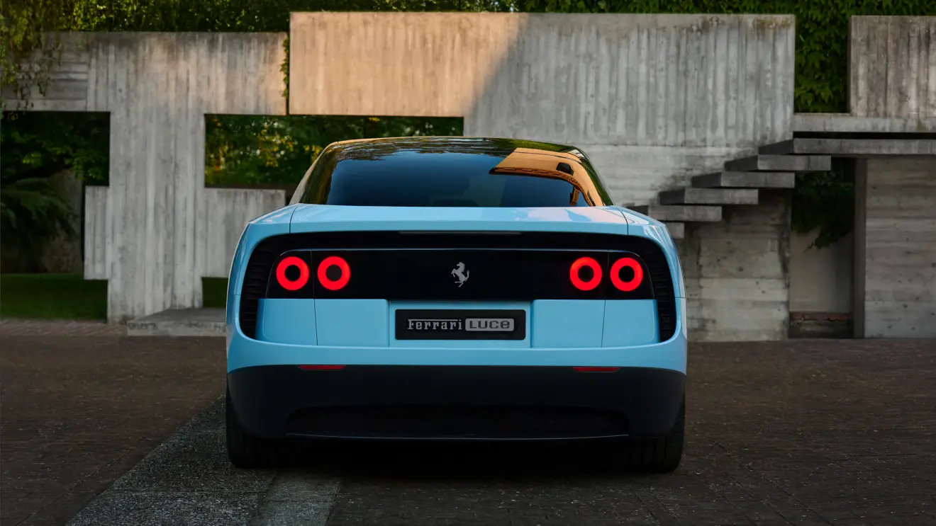 Ferrari Luce azul de traseira em um castelo