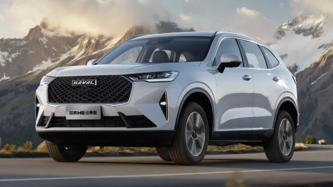 Haval H6 Classic Edition branco de frente em uma estrada montanhosa