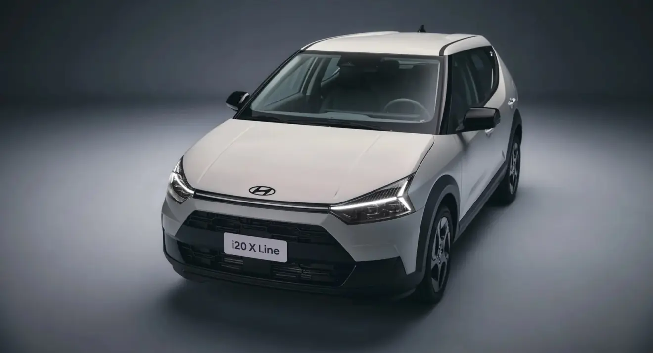 Hyundai i20 Xline branco parado de frente com fundo neutro