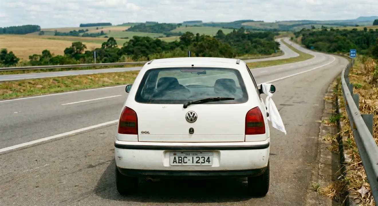Carro parado no acostamento com um pano branco amarrado