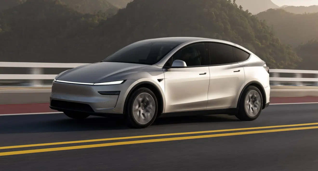 Tesla Model Y L prata de frente em movimento na estrada