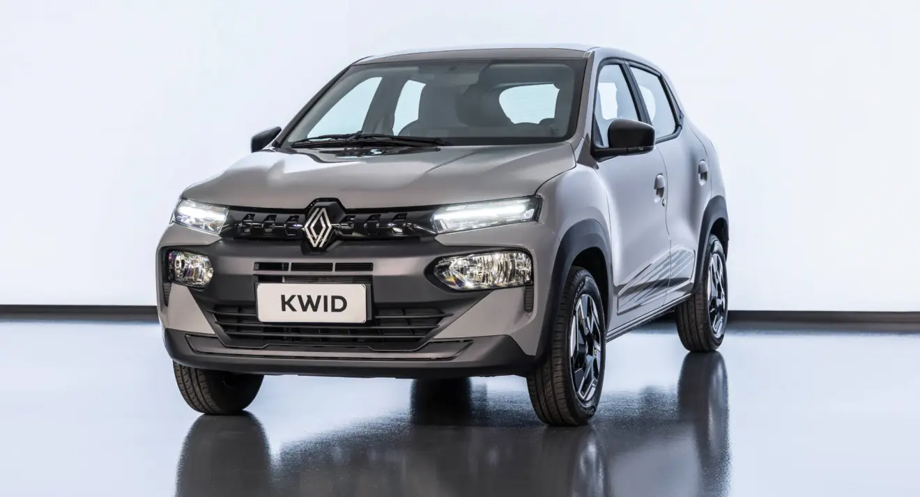 Renault Kwid 2027 cinza parado de frente