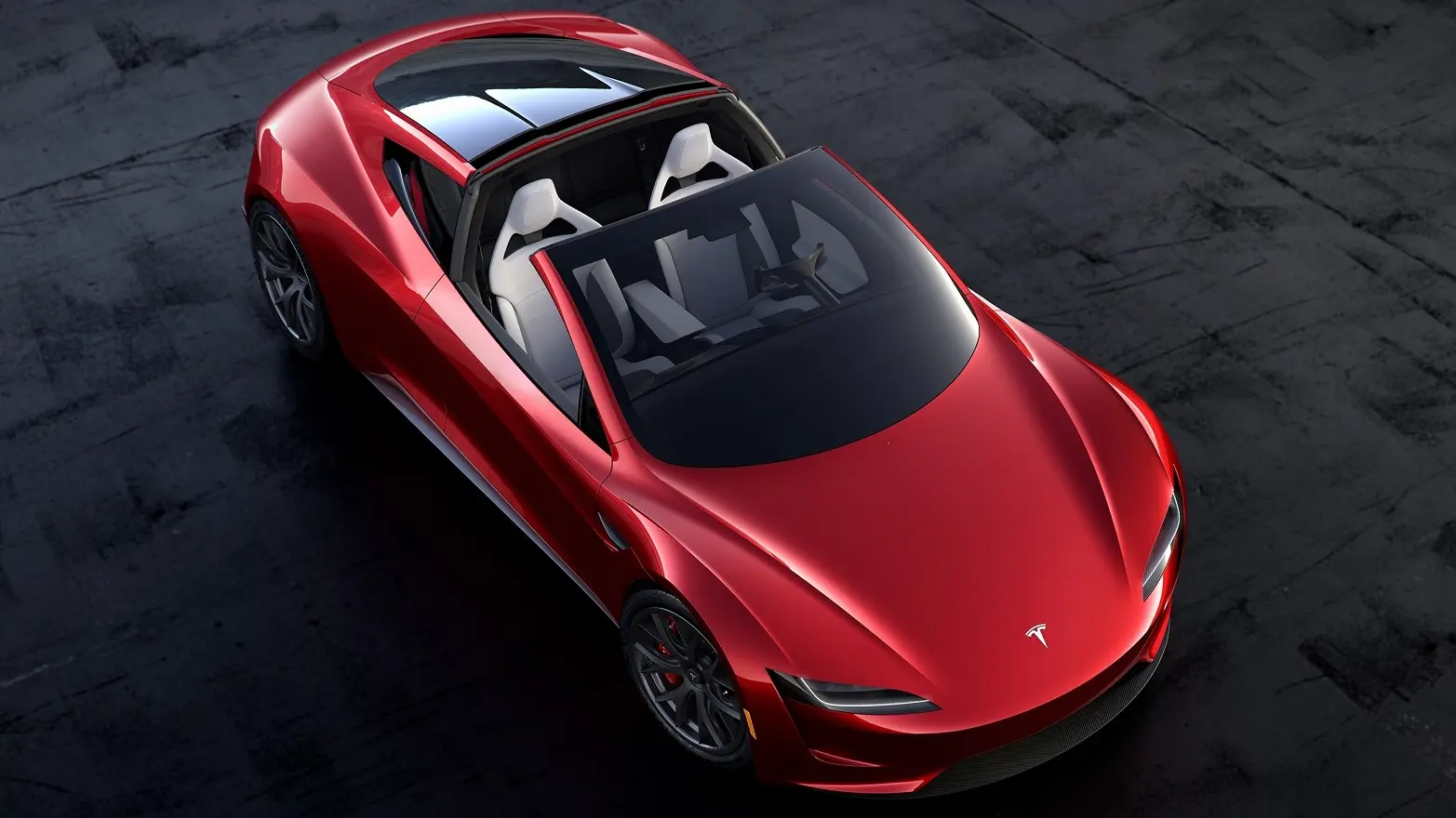Tesla Roadster vermelho visto do alto