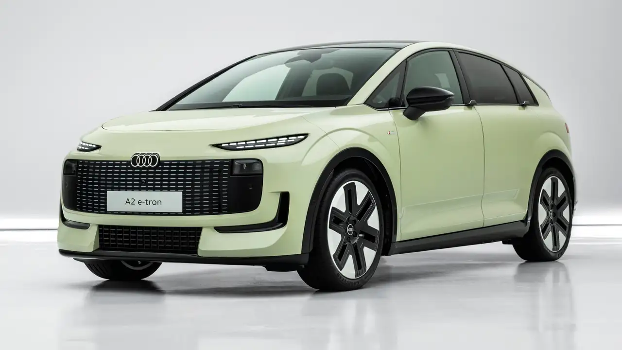 Audi Q2 e-tron verde estático com fundo branco