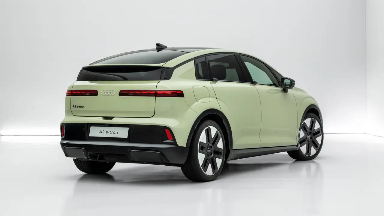 Audi Q2 e-tron verde estático com fundo branco