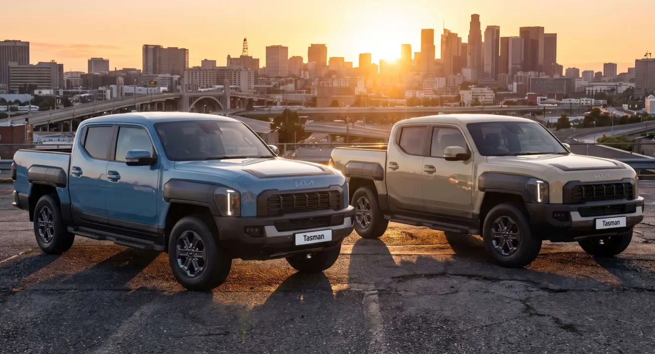 Kia Tasman PGL azul e bege paradas de frente na cidade