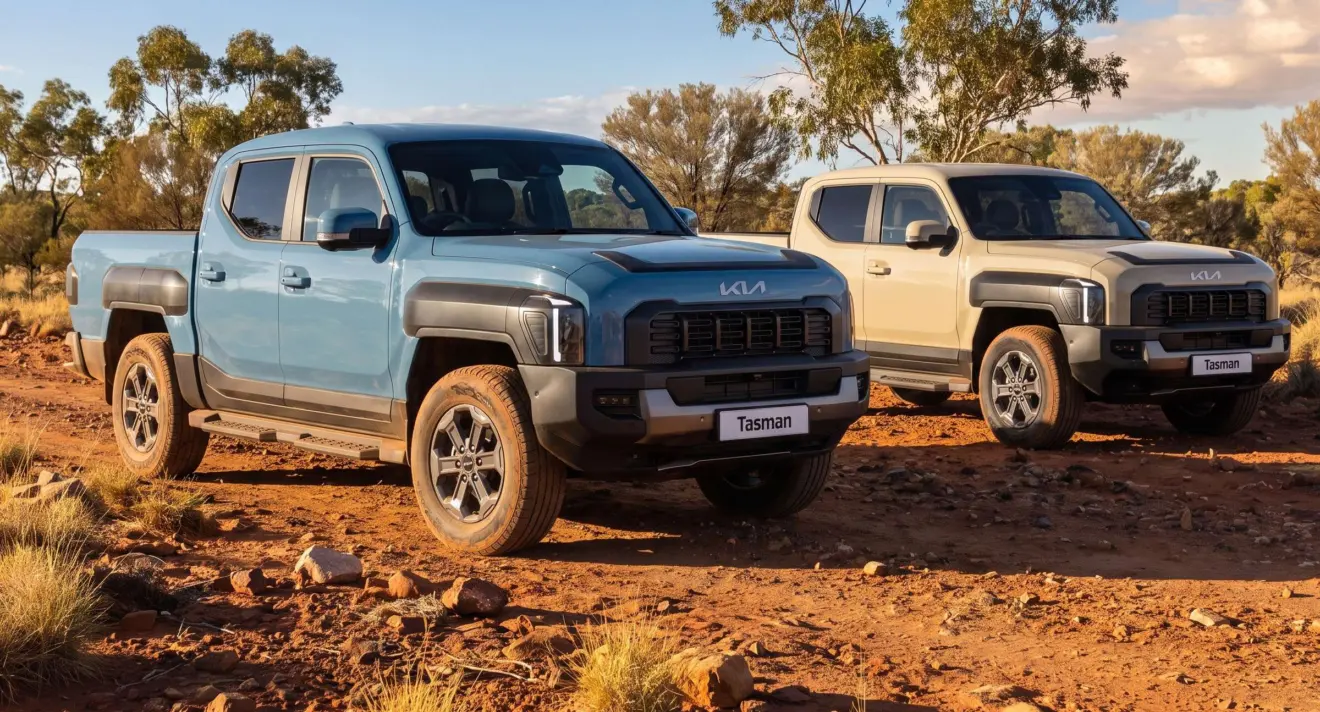 Kia Tasman PGL azul e bege paradas de frente no off-road