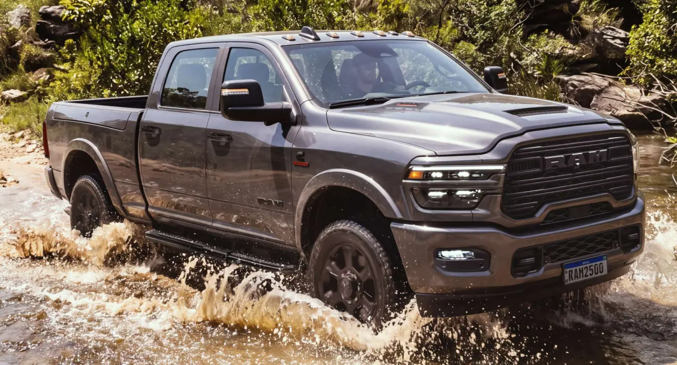 Ram 2500 Laramie Night Edition de frente andando no fora de estrada