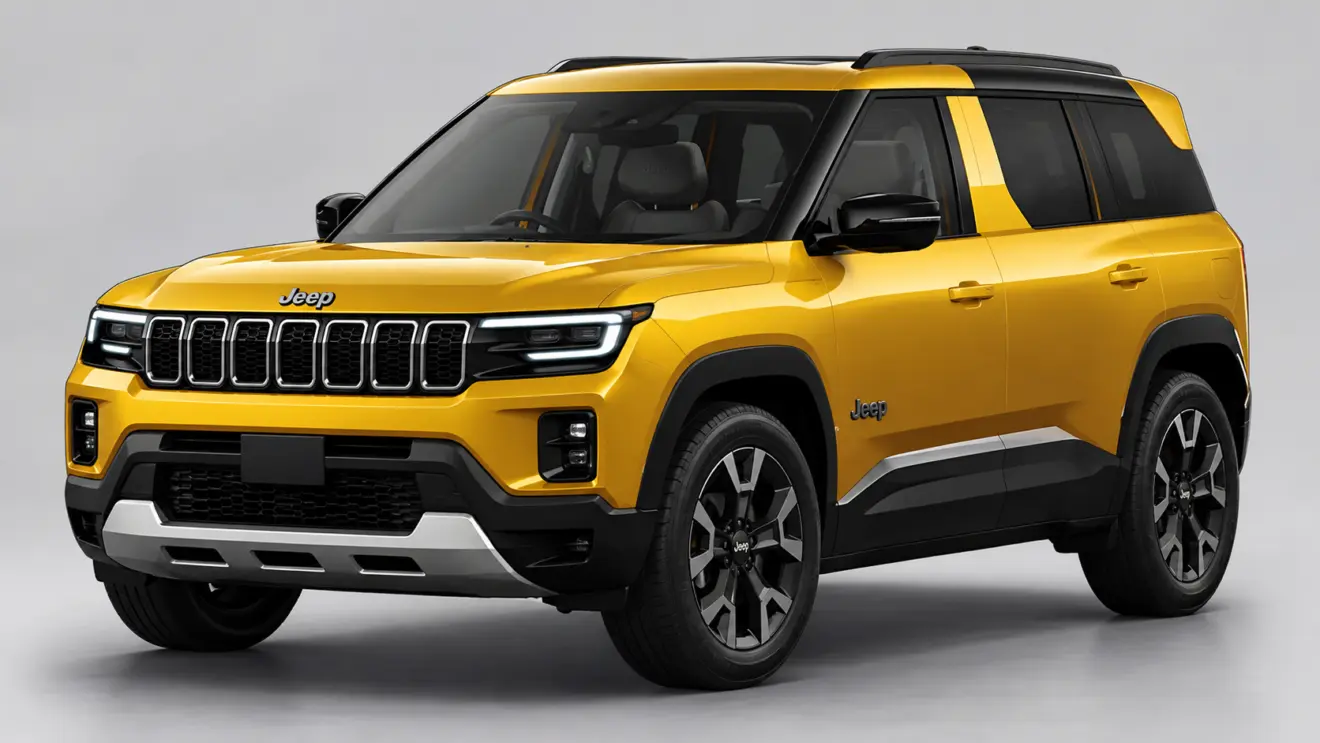 SUV Jeep Amarelo em parceria com a Tata em estúdio branco