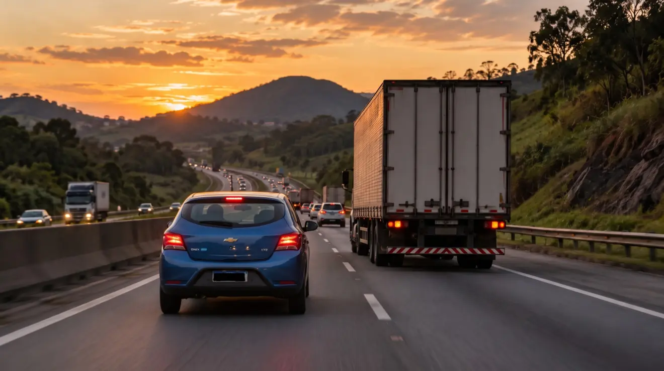 Chevrolet Onix ao lado de caminhão em movimento na estrada
