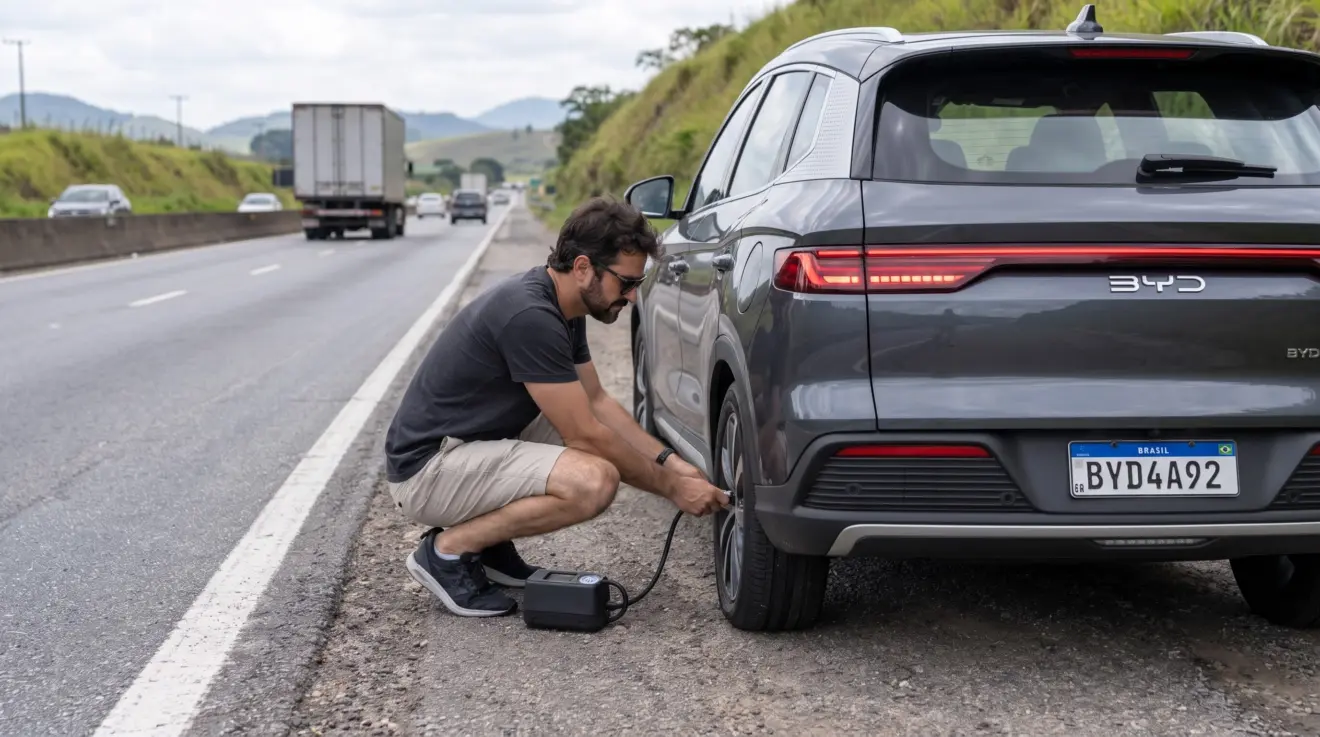 BYD Song Pro estacionado no acostamento calibrando pneu na estrada