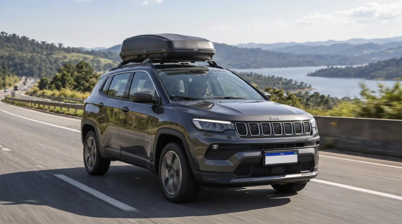 Jeep Compass em movimento na estrada com bagageiro